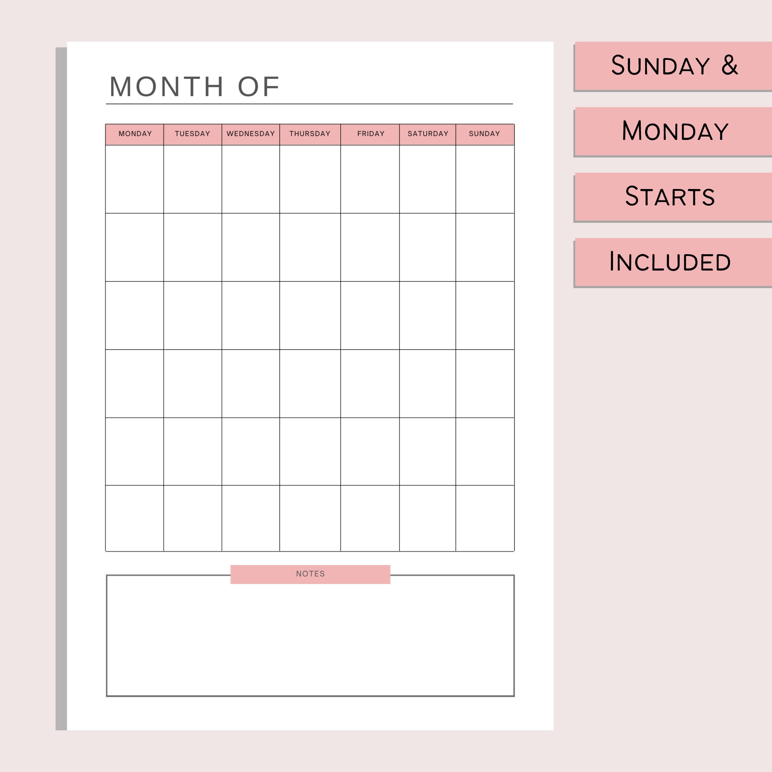 Blank Monthly Calendar | Printable Calendar | Minimalist Organizer ...