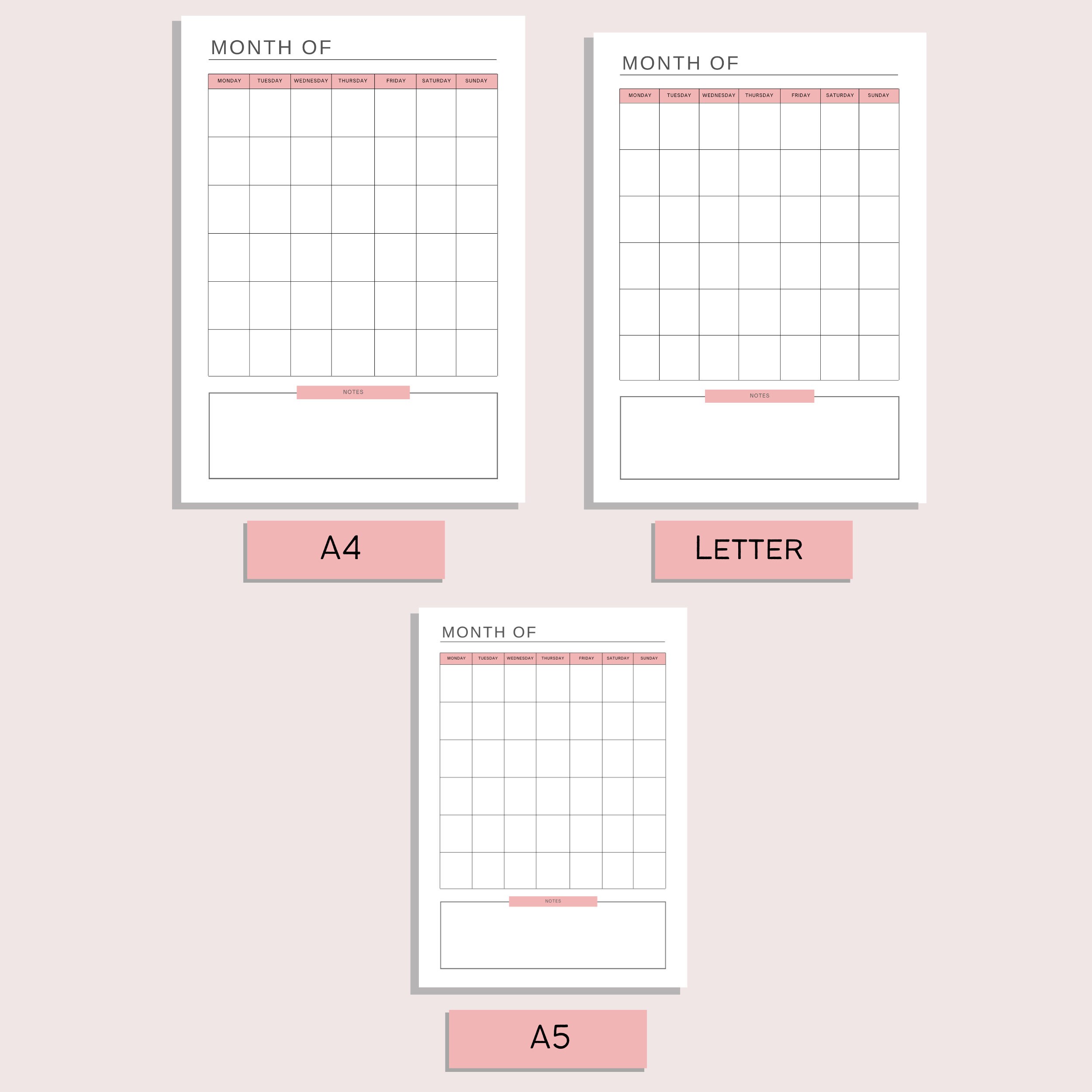 Blank Monthly Calendar | Printable Calendar | Minimalist Organizer ...