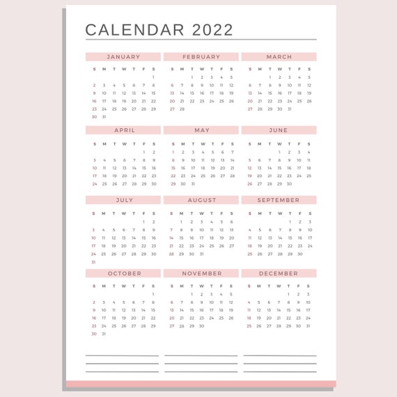 2022 Monthly Calendar Printable Calendar Template Yearly Calendar