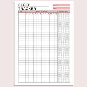 May include: A black and white printable sleep tracker with a grid for recording hours of sleep and energy levels. The tracker has a section for the month and year.