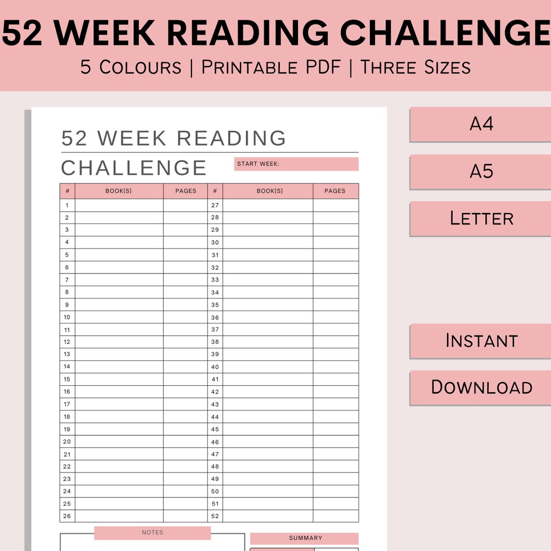 52 Week Reading Challenge Weekly Reading Tracker Reading Etsy