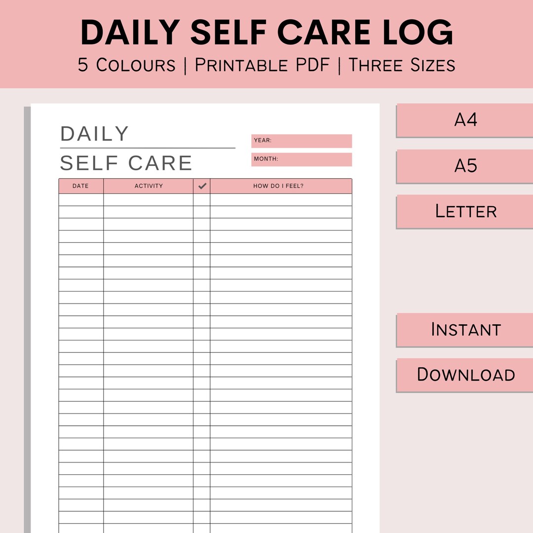 Daily Self Care Log, Wellness Tracker, Self Care Journal, Printable ...