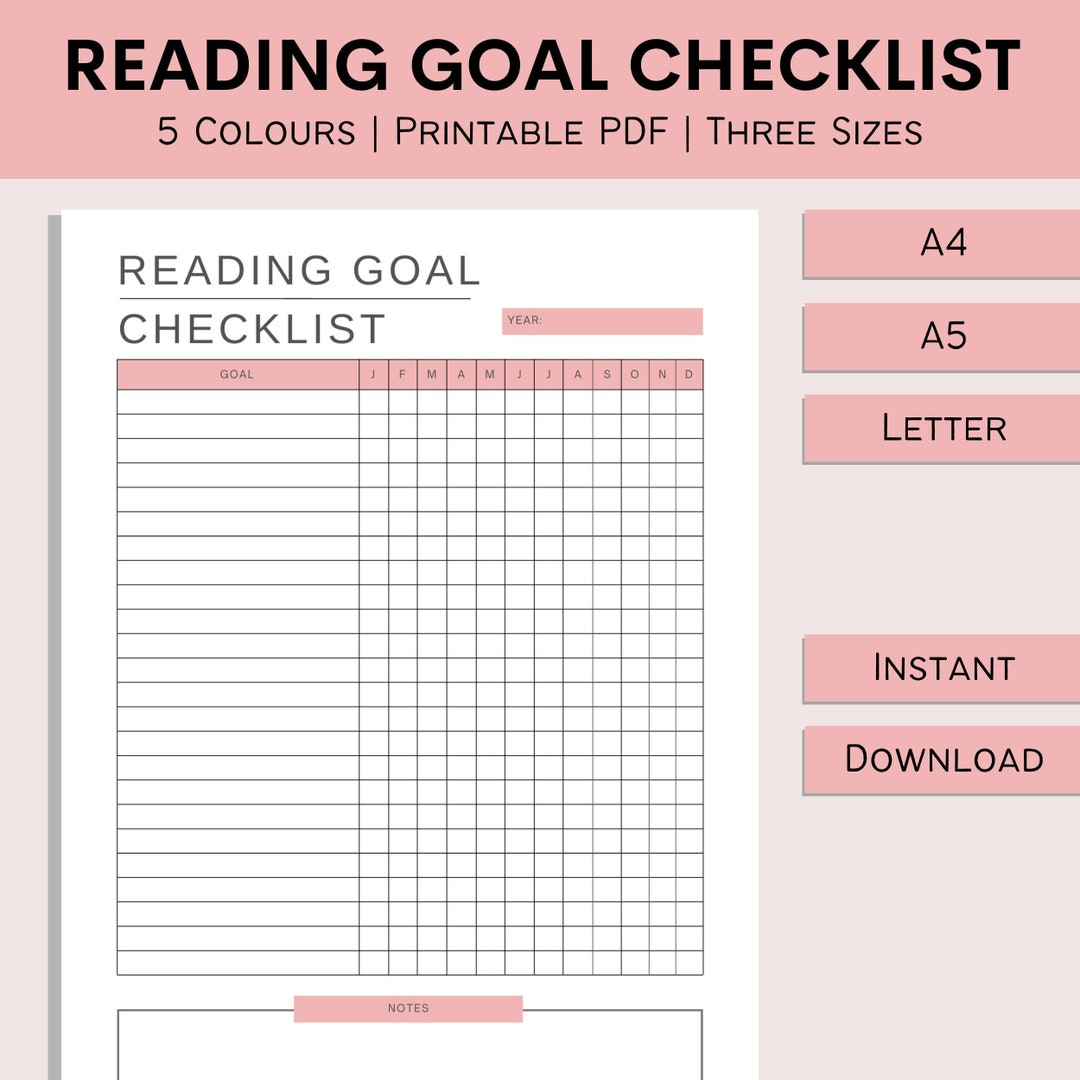 Reading Goal Checklist Printable Reading Planner Books to Read Books Read Journal Yearly Reading