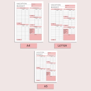 Op de afbeelding: Drie printbare vakantiebegrotingssjablonen in de formaten A4, Letter en A5. Elke sjabloon heeft secties voor eten en drinken, accommodatie, vervoer, activiteiten en een samenvatting.