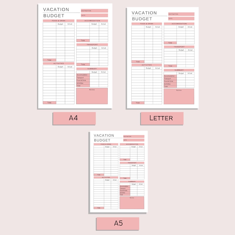 Op de afbeelding: Drie printbare vakantiebegrotingssjablonen in de formaten A4, Letter en A5. Elke sjabloon heeft secties voor eten en drinken, accommodatie, vervoer, activiteiten en een samenvatting.