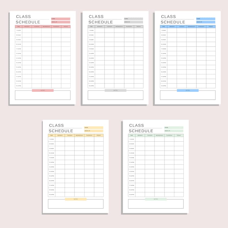 Pode incluir: Quatro modelos de hor&aacute;rios de aula imprim&iacute;veis com um design simples. Cada modelo tem uma se&ccedil;&atilde;o para nome, semana de, hora, segunda-feira, ter&ccedil;a-feira, quarta-feira, quinta-feira, sexta-feira e notas.