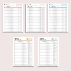 May include: Five printable sleep tracker pages with a black and white grid layout. Each page has a header that says "Sleep Tracker" and includes columns for date, hours of sleep, month, year, and energy level. The pages are colour-coded with pink, grey, blue, yellow, and green.