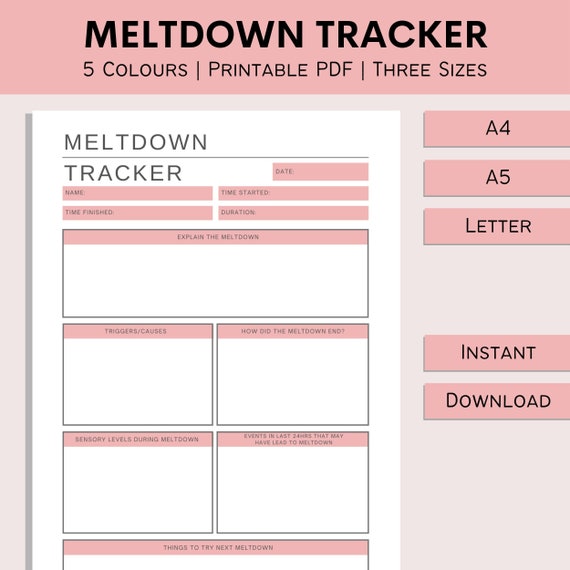 Meltdown Tracker Printable | Special Needs Carer Template | Autism Tracker | Sensory Overload | Behaviour Log | PDF | A4 | A5 | Letter