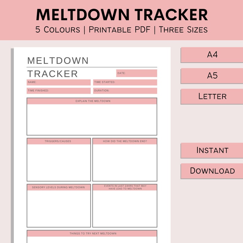 Pu&ograve; includere: Un tracker di crisi stampabile in rosa e bianco, con sezioni per nome, ora, trigger e livelli sensoriali. Il testo recita "MELTDOWN TRACKER" e "5 COLORI | PDF STAMPABILE | TRE TAGLIE". Disponibile nei formati A4, A5 e Letter.