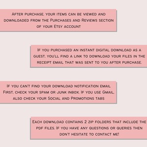 Może przedstawiać: R&oacute;żowe pola tekstowe z instrukcjami, jak pobrać cyfrowe produkty zakupione na Etsy. Tekst brzmi: Po zakupie, Twoje produkty można przeglądać i pobierać z sekcji zakupy i recenzje na Twoim koncie Etsy. Jeśli zakupiłeś natychmiastowy cyfrowy plik do pobrania jako gość, znajdziesz link do pobrania plik&oacute;w w wiadomości e-mail z potwierdzeniem, kt&oacute;ra została wysłana do Ciebie po zakupie. Jeśli nie możesz znaleźć wiadomości e-mail z powiadomieniem o pobraniu, najpierw sprawdź folder spam lub wiadomości śmieci. Jeśli korzystasz z Gmaila, sprawdź r&oacute;wnież zakładki społecznościowe i promocje. Każde pobranie zawiera 2 foldery zip, kt&oacute;re zawierają pliki PDF. Jeśli masz jakieś pytania lub wątpliwości, nie wahaj się skontaktować ze mną!