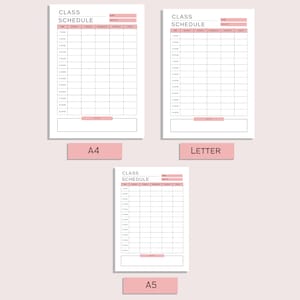 Pode incluir: Tr&ecirc;s modelos de hor&aacute;rios de aula imprim&iacute;veis nos tamanhos A4, Letter e A5. Cada modelo tem uma se&ccedil;&atilde;o para o nome, a semana, a hora, a segunda-feira, a ter&ccedil;a-feira, a quarta-feira, a quinta-feira, a sexta-feira e as notas.