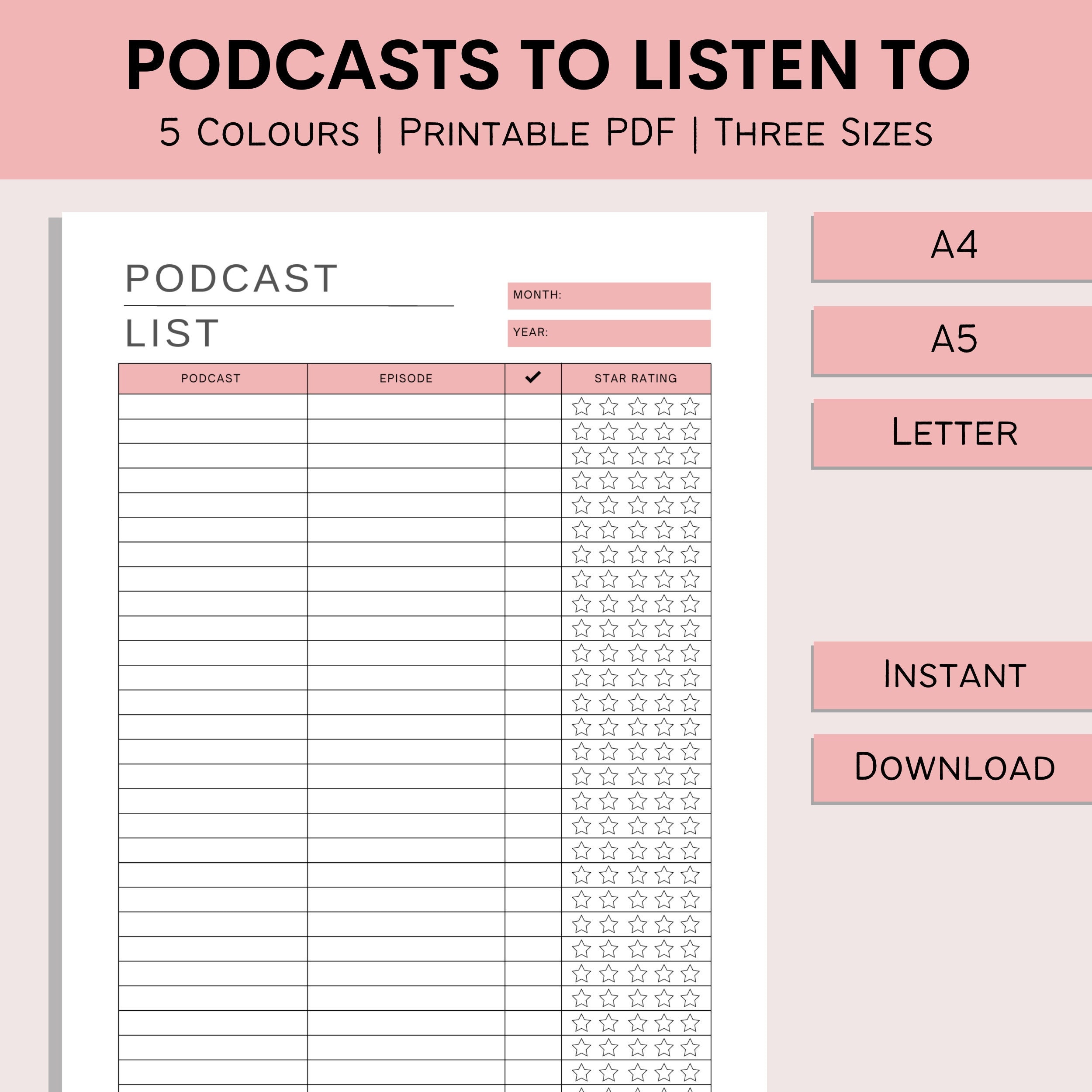 Podcast Episode Tracker | Podcasts To Listen To | Podcast List | Print At Home Review Sheet | Podcast Template | PDF | A4 | A5 | Letter