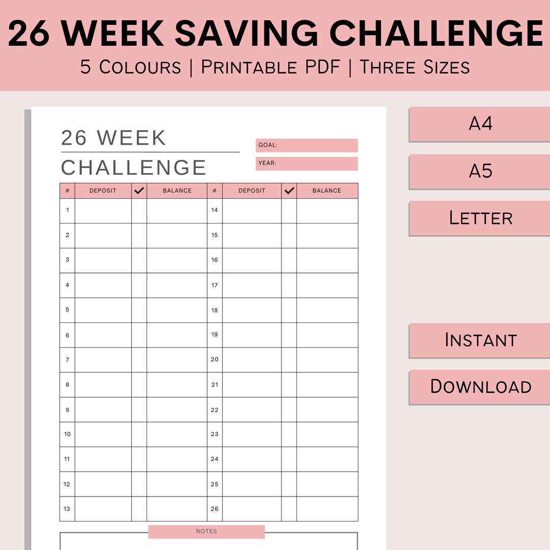 26 Week Savings Challenge Printable Saving Plan Finance Planner Money