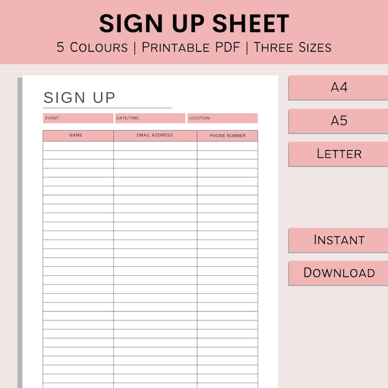 Sign up Sheet Printable Sign in Form Event Contact Log Simple Event