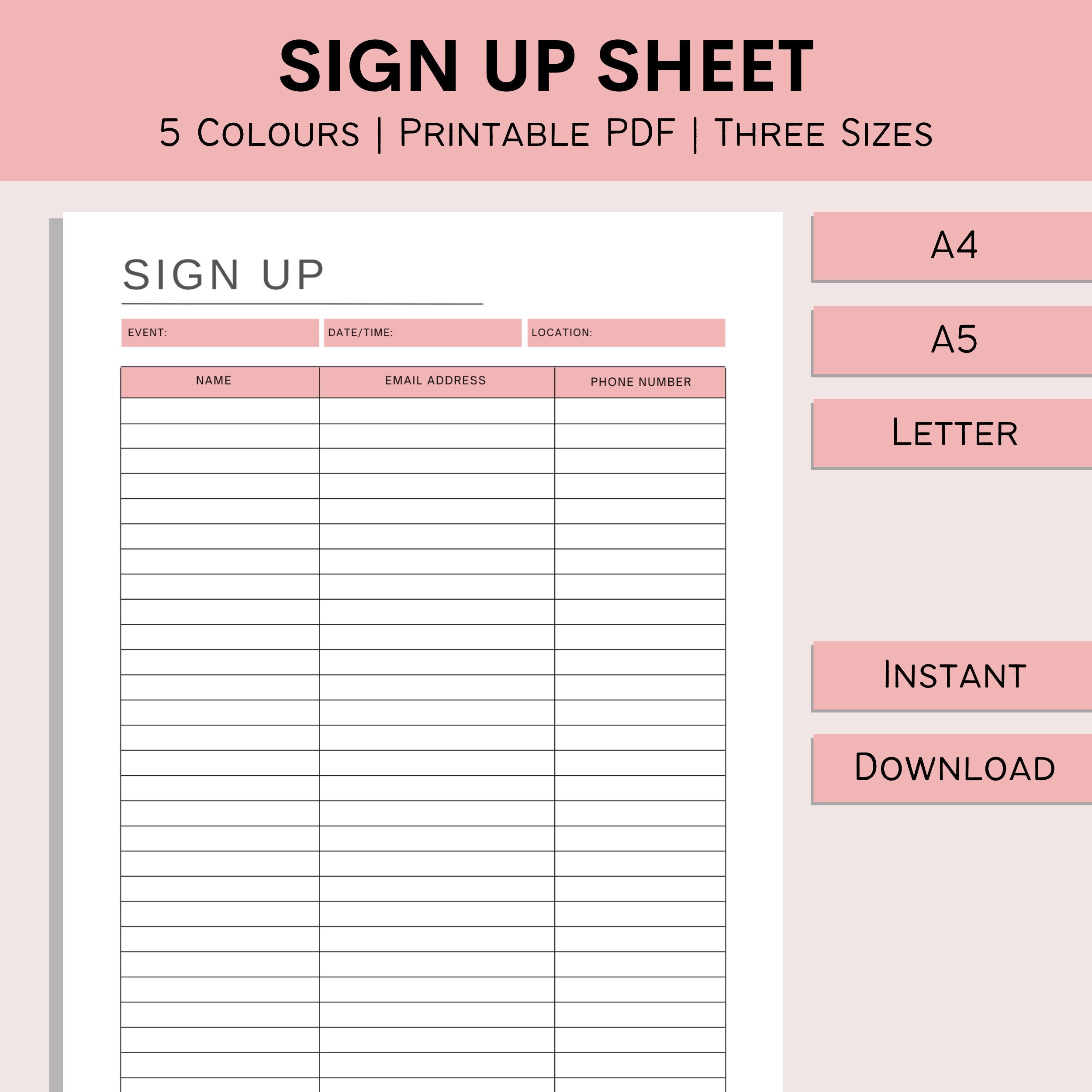 Sign up sheet printable sign in form event contact log simple event