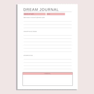 May include: A white Dream Journal page with black text and pink accents. The title "DREAM JOURNAL" is at the top. Sections include "LENGTH OF SLEEP", "EMOTIONS & THOUGHTS BEFORE SLEEP", "DESCRIPTION OF DREAM", "INTERPRETATION", and "COMMENTS".