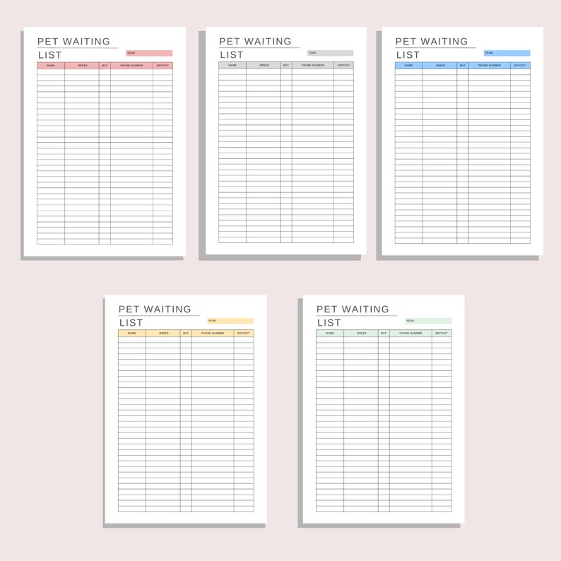 Pet Waiting List Printable Sign up Sheet Pet Deposit Tracker Contact