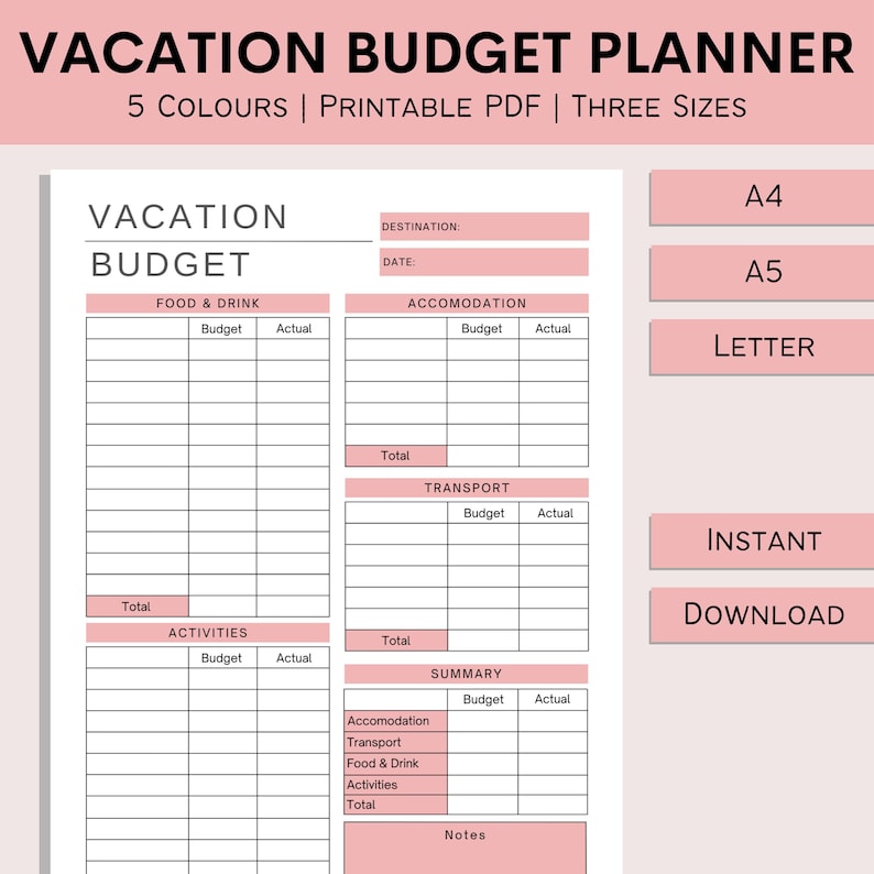 Op de afbeelding: Een roze printbare vakantiebegrotingsplanner met secties voor eten en drinken, accommodatie, vervoer, activiteiten en een samenvatting. De planner bevat kolommen voor budget en werkelijke uitgaven. De planner is verkrijgbaar in drie formaten: A4, A5 en Letter.