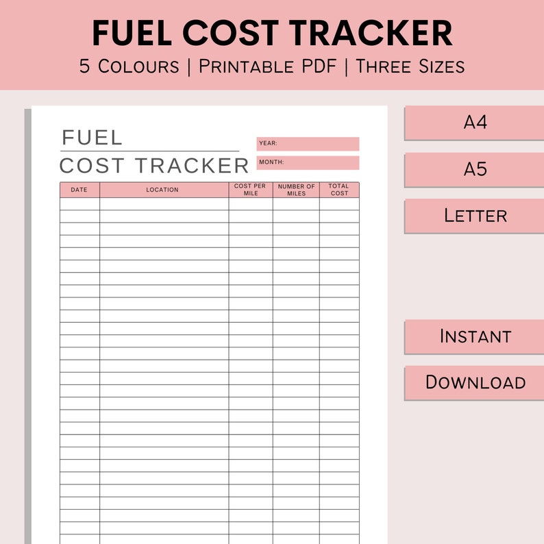 Fuel Cost Tracker Fuel Expense Log Mileage Tracker Printable Cost per