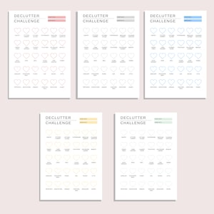 Pode incluir: Quatro listas de verifica&ccedil;&atilde;o imprim&iacute;veis para um desafio de organiza&ccedil;&atilde;o com caixas de sele&ccedil;&atilde;o em forma de cora&ccedil;&atilde;o. Cada lista de verifica&ccedil;&atilde;o tem um esquema de cores diferente: rosa, azul, amarelo e verde. As listas de verifica&ccedil;&atilde;o s&atilde;o rotuladas como "Desafio de organiza&ccedil;&atilde;o" e incluem categorias como "Despensa", "Arm&aacute;rio da cozinha", "Quarto", "Banheiro", "Garagem" e "Quintal".