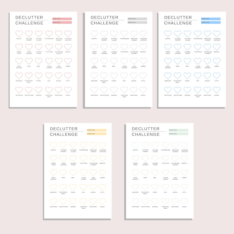 Pode incluir: Quatro listas de verifica&ccedil;&atilde;o imprim&iacute;veis para um desafio de organiza&ccedil;&atilde;o com caixas de sele&ccedil;&atilde;o em forma de cora&ccedil;&atilde;o. Cada lista de verifica&ccedil;&atilde;o tem um esquema de cores diferente: rosa, azul, amarelo e verde. As listas de verifica&ccedil;&atilde;o s&atilde;o rotuladas como "Desafio de organiza&ccedil;&atilde;o" e incluem categorias como "Despensa", "Arm&aacute;rio da cozinha", "Quarto", "Banheiro", "Garagem" e "Quintal".