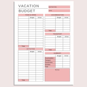 Op de afbeelding: Een printbare vakantiebegrotingsplanner met secties voor eten en drinken, accommodatie, vervoer, activiteiten en een samenvatting. De planner heeft een roze en wit kleurenschema.