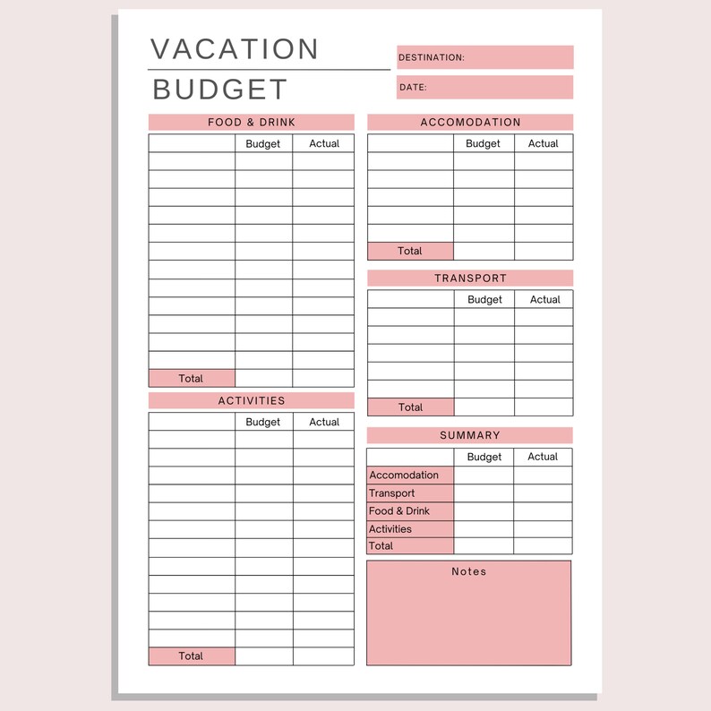 Op de afbeelding: Een printbare vakantiebegrotingsplanner met secties voor eten en drinken, accommodatie, vervoer, activiteiten en een samenvatting. De planner heeft een roze en wit kleurenschema.