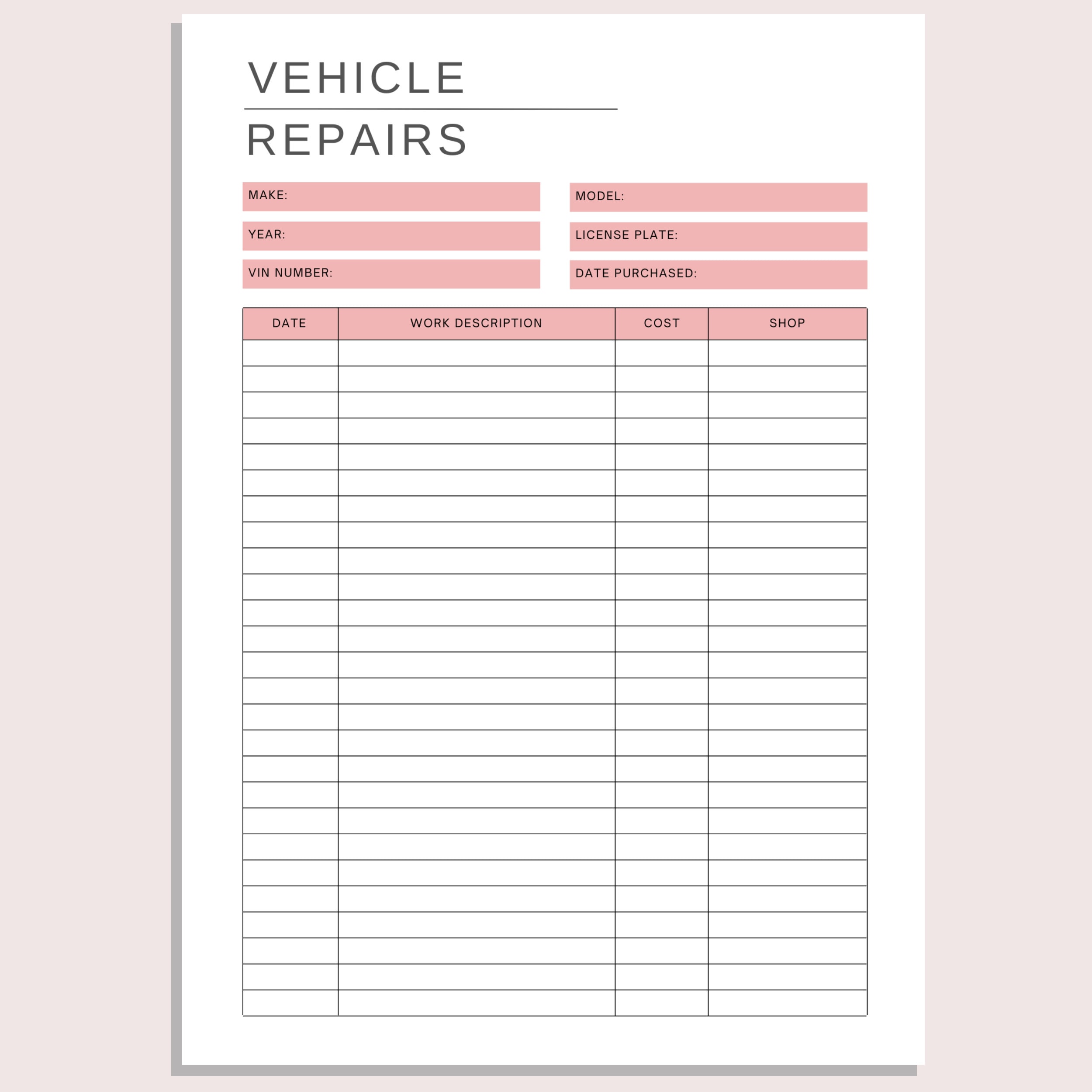Vehicle Repair Log | Maintenance Tracker | Mechanic | Printable Work Log | Car Repairs | Auto ...
