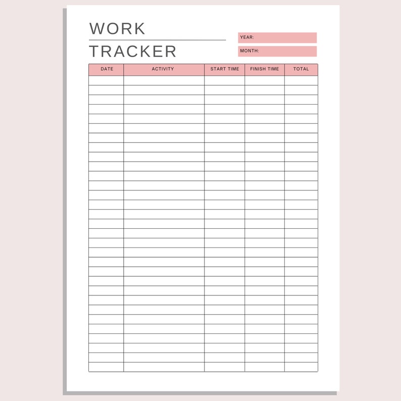 Work Tracker Printable Work Log Time Spent Track Activity Manager