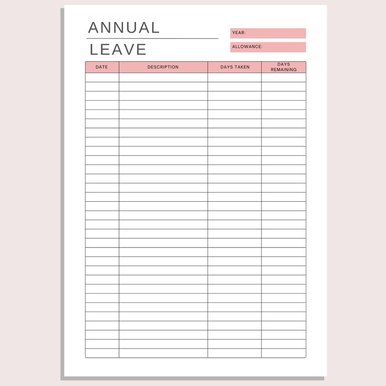 Annual Leave Tracker Holiday Log Printable Work Holiday Track Days off