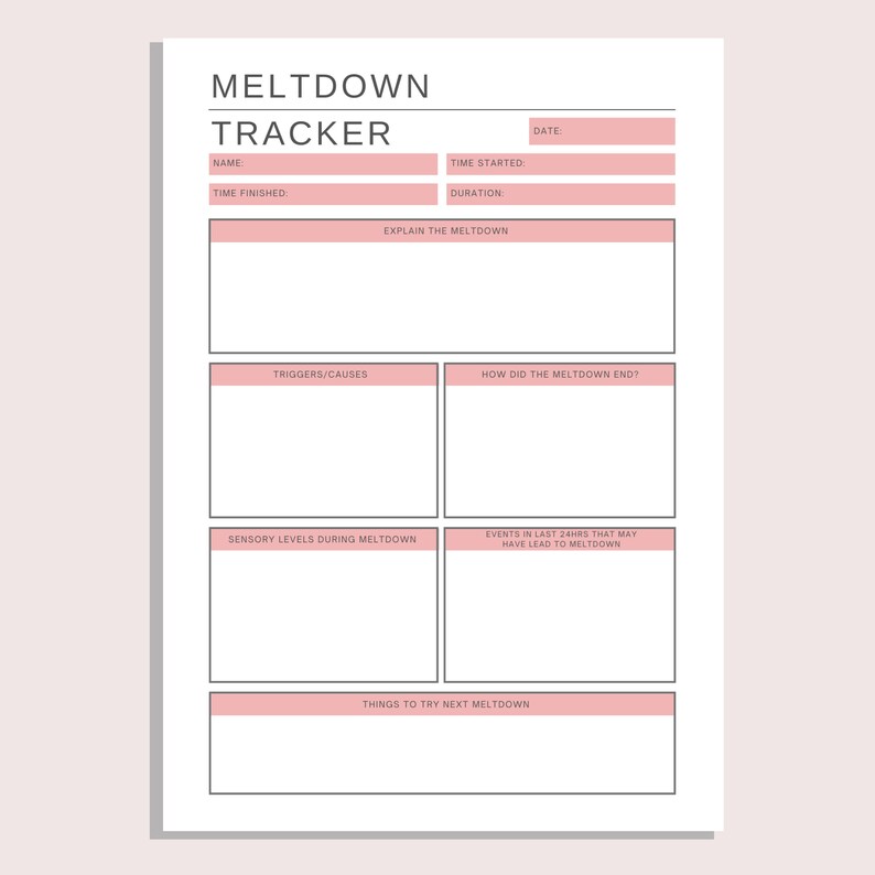 Pu&ograve; includere: Un foglio di carta bianco intitolato "MELTDOWN TRACKER" con riquadri rosa per inserire informazioni. Il documento include sezioni per nome, data, ora, trigger, livelli sensoriali e altro. Progettato per monitorare e comprendere le risposte emotive.