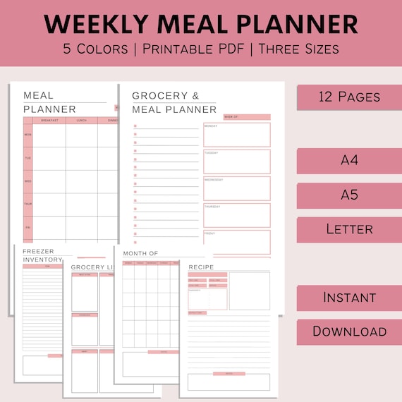 Week Meal Planner Bundle Printable, Grocery List, Meal Prep, Menu Planner, Weekly Menu, Meal Plan Insert, PDF, A4, A5, Letter