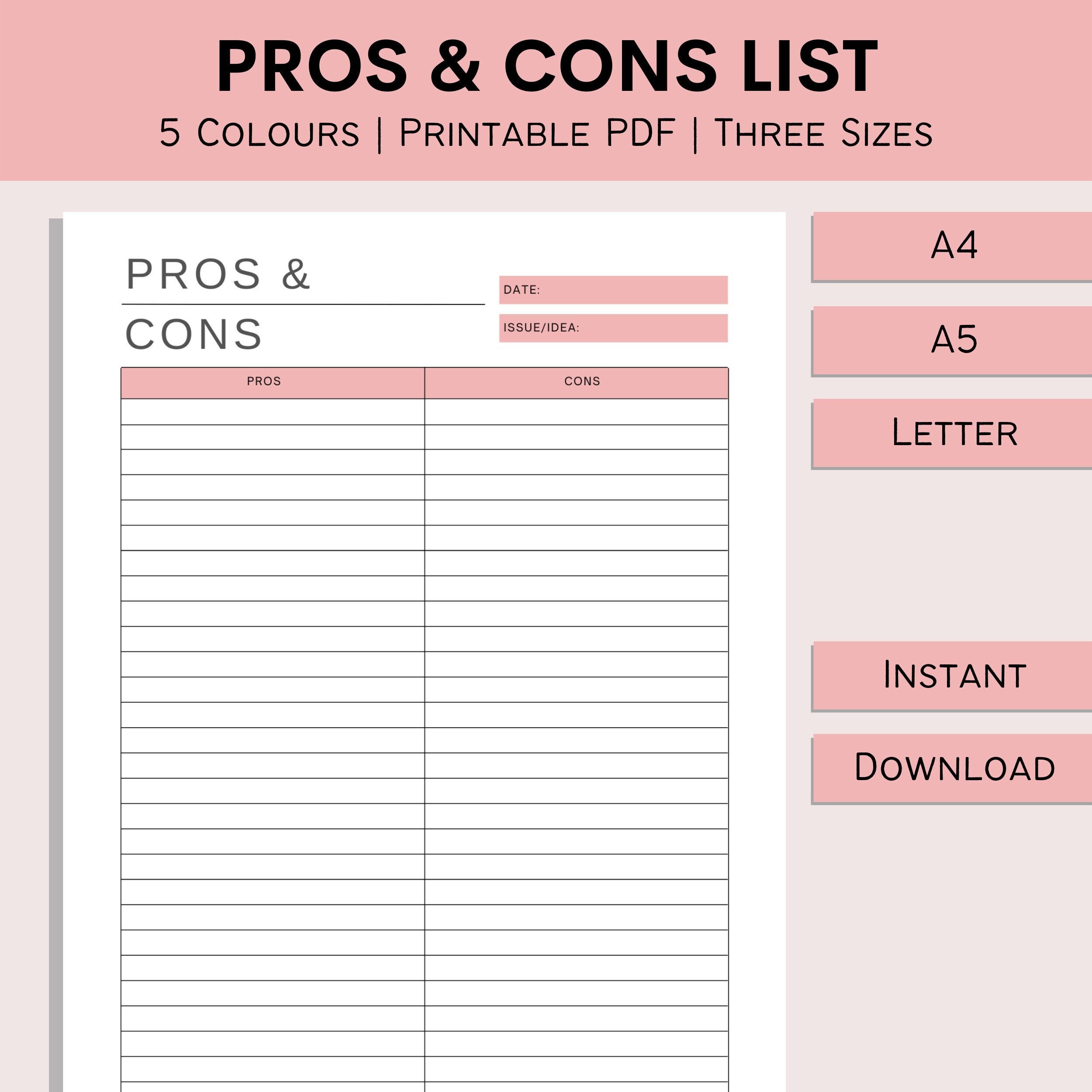 Pros and Cons List Printable Idea List Issue Organization - Etsy