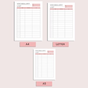 May include: Three printable vocabulary list templates in A4, Letter, and A5 sizes. Each template has columns for word, definition, and use.