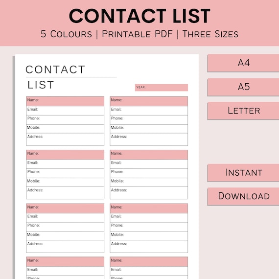 Contact List Printable Address Book Print at Home Contacts | Etsy