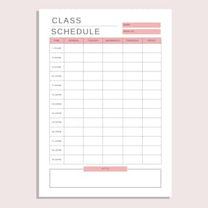Pode incluir: Um modelo de hor&aacute;rio de aula imprim&iacute;vel com um cabe&ccedil;alho rosa e texto preto. O modelo inclui uma se&ccedil;&atilde;o para o hor&aacute;rio, os dias da semana e notas.