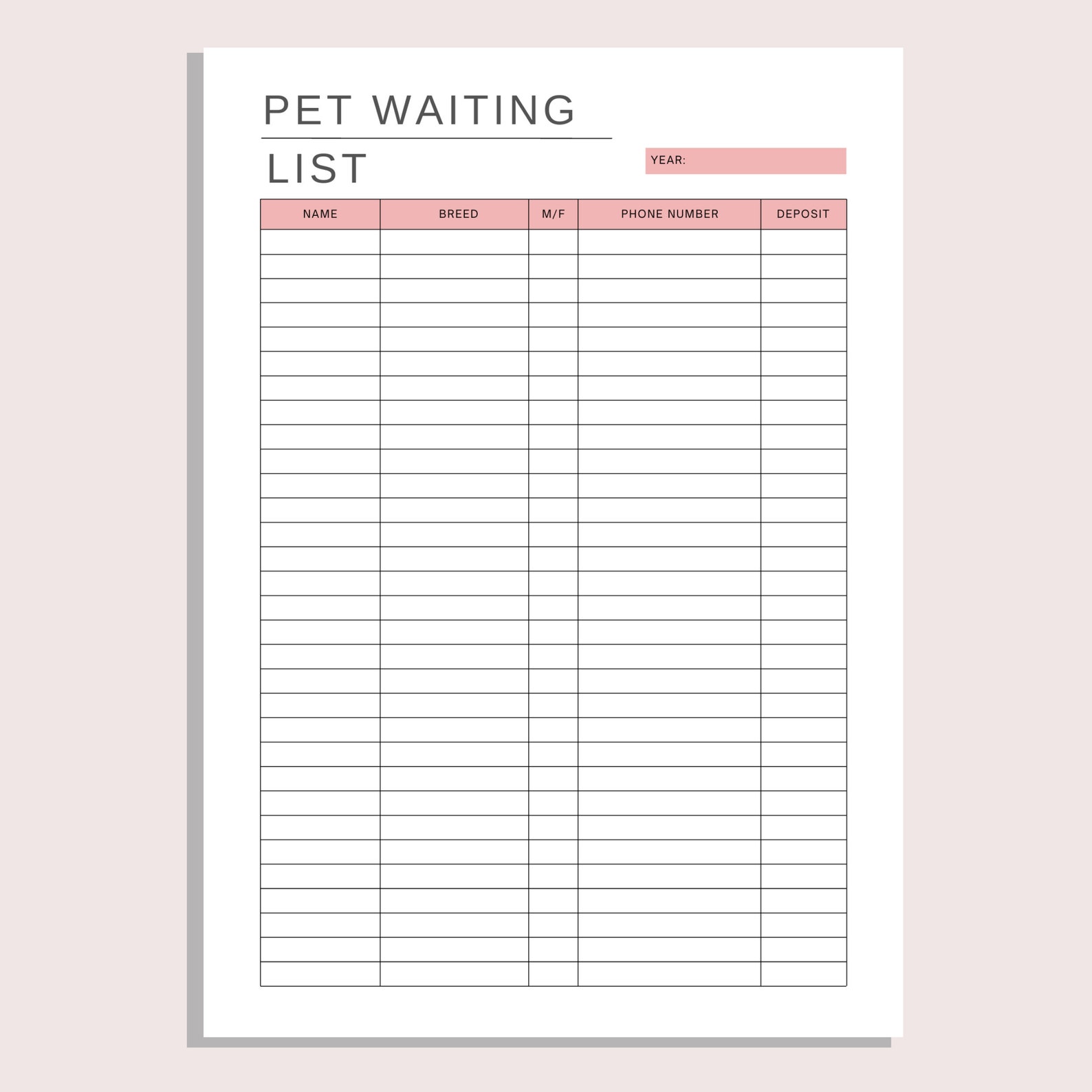 Pet Waiting List Printable Sign up Sheet Pet Deposit Tracker Contact