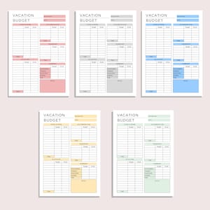 Op de afbeelding: Zes printbare vakantiebegrotingstrackers met verschillende gekleurde achtergronden. Elke tracker bevat secties voor eten en drinken, accommodatie, vervoer, activiteiten en een samenvatting.