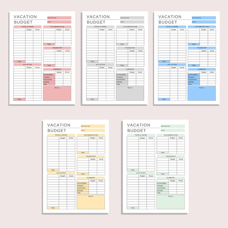 Op de afbeelding: Zes printbare vakantiebegrotingstrackers met verschillende gekleurde achtergronden. Elke tracker bevat secties voor eten en drinken, accommodatie, vervoer, activiteiten en een samenvatting.