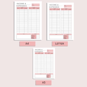 May include: Three printable budget tracker sheets in A4, Letter, and A5 sizes. Each sheet has a black and white design with columns for date, income, expenses, and notes. The sheets are titled "Income & Expenses".