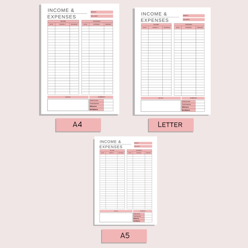 May include: Three printable budget tracker sheets in A4, Letter, and A5 sizes. Each sheet has a black and white design with columns for date, income, expenses, and notes. The sheets are titled "Income & Expenses".