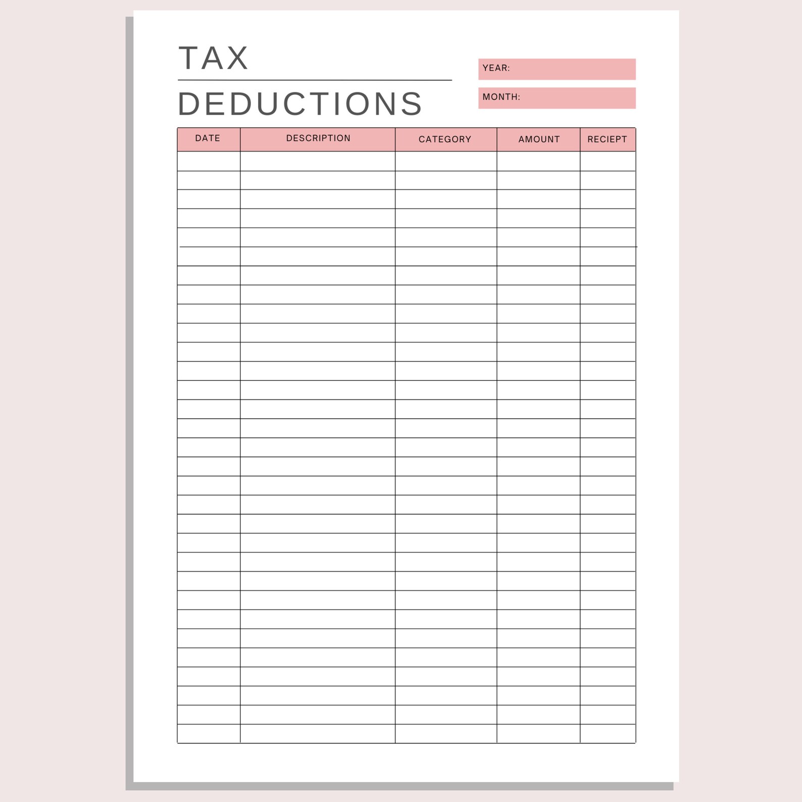 Tax Deduction Tracker Printable Tax Sheet Business Decduction Log