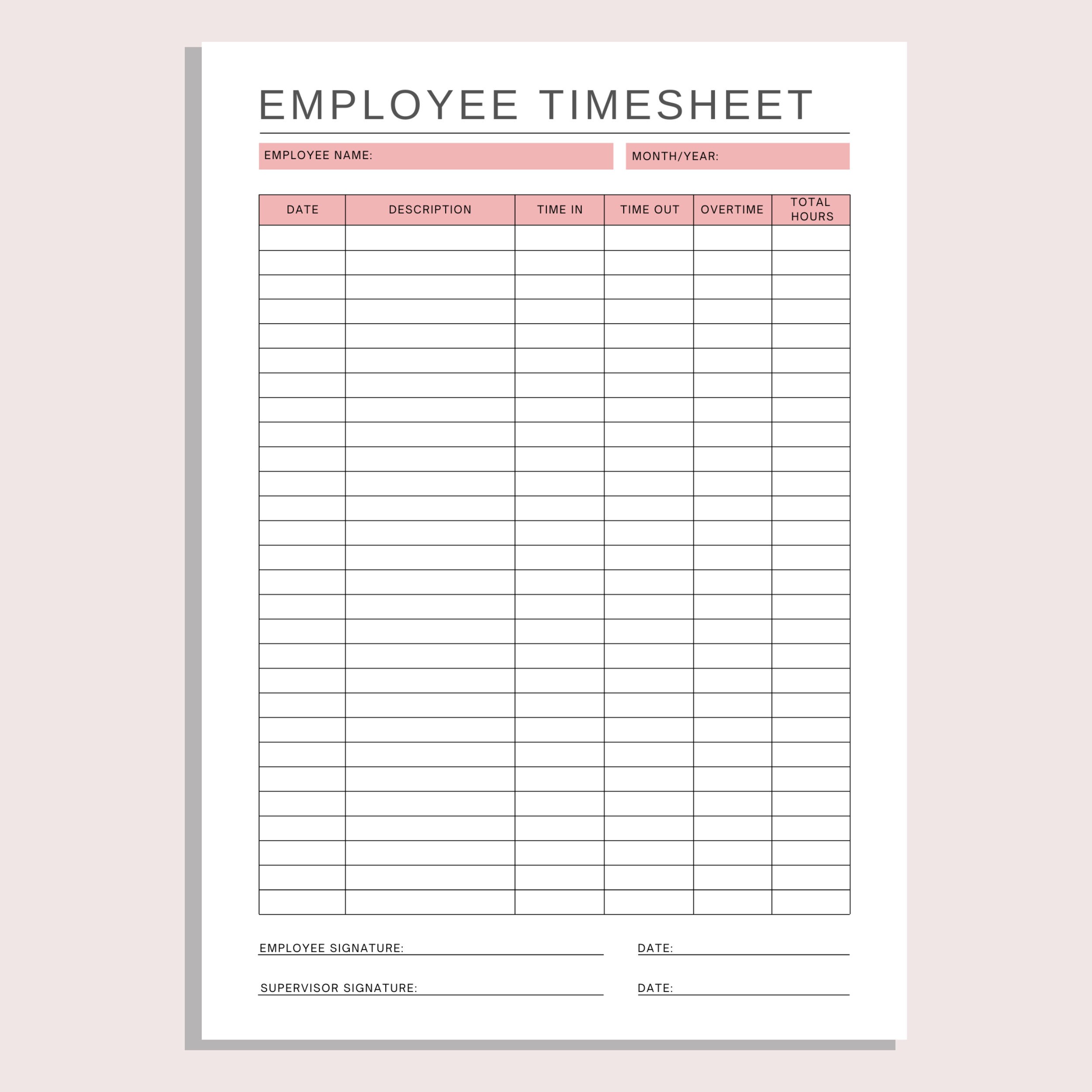 Employee Timesheet Printable Work Schedule Tracker Timekeeping Log