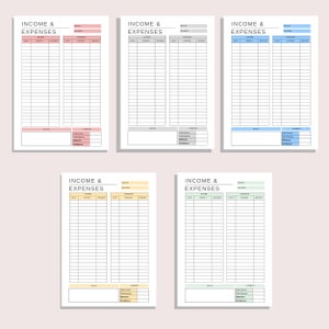 May include: Five printable budget tracker pages with different colored headers. Each page has columns for date, income, expenses, and balance. The headers are labeled "Income & Expenses".