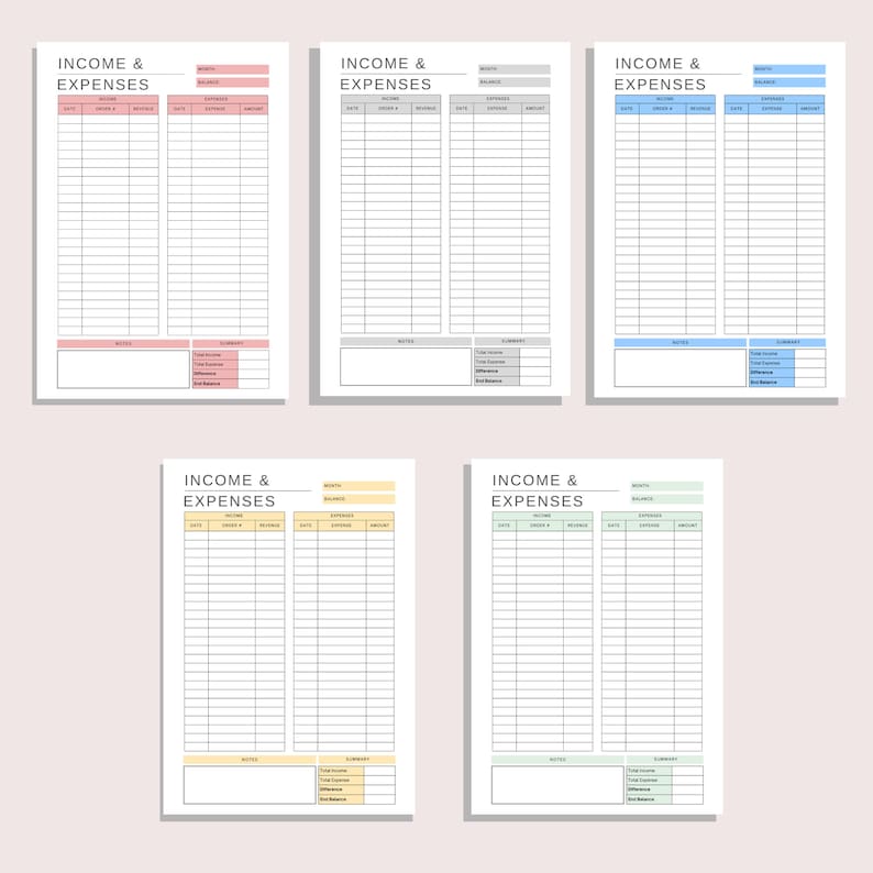 May include: Five printable budget tracker pages with different colored headers. Each page has columns for date, income, expenses, and balance. The headers are labeled "Income & Expenses".