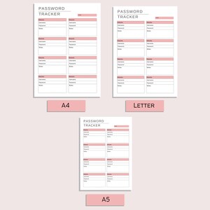 May include: Printable password tracker in three sizes: A4, Letter, and A5. The tracker has columns for website, username, password, and notes.