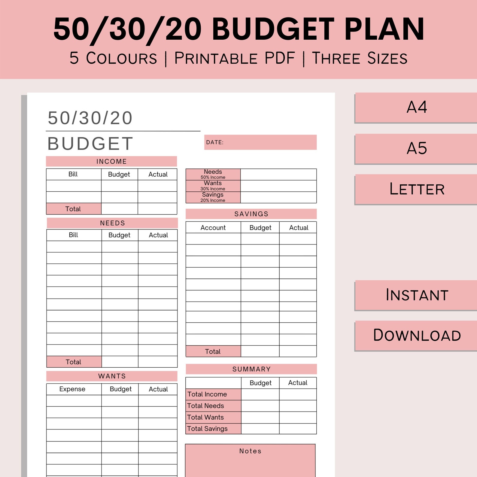 50/30/20 Budget Planner Template | Monthly Budget Sheet | Money ...