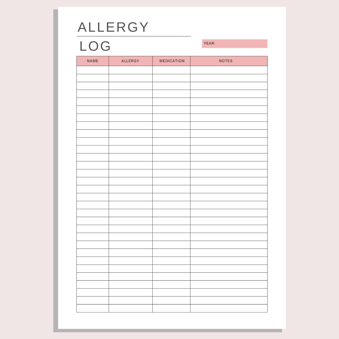 Allergy Log Allergy Tracker Sheet Medication Tracker Printable Health Record Allergy Treatment