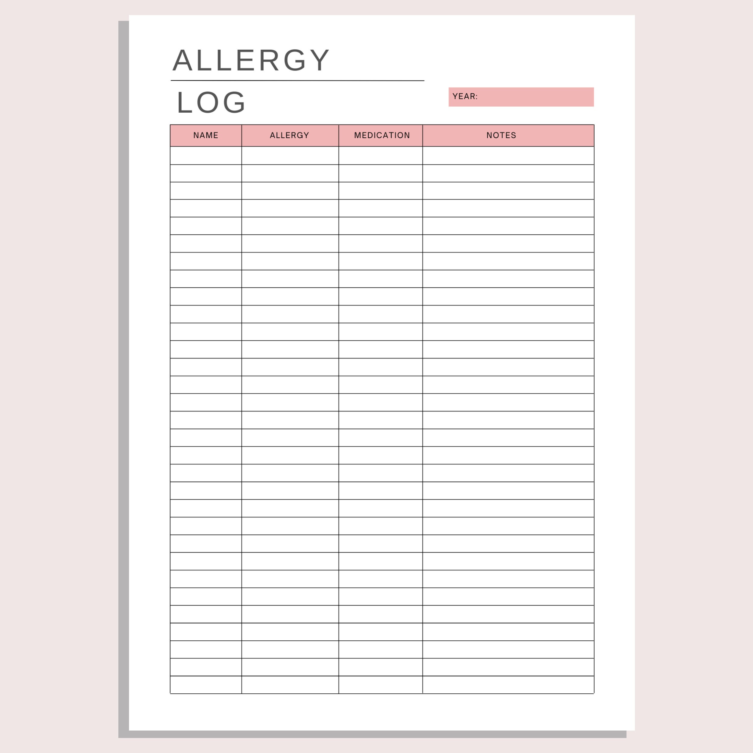 Allergy Log Allergy Tracker Sheet Medication Tracker Etsy