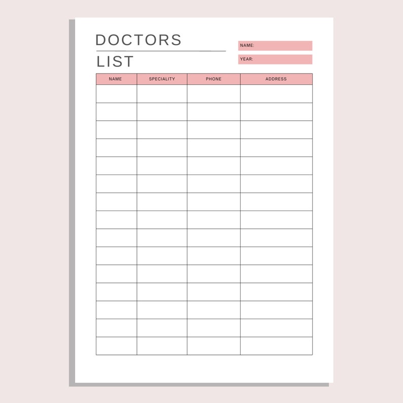 Printable Patient Roster Doctor Contact List | Printable Medical Information | Healthcare ...